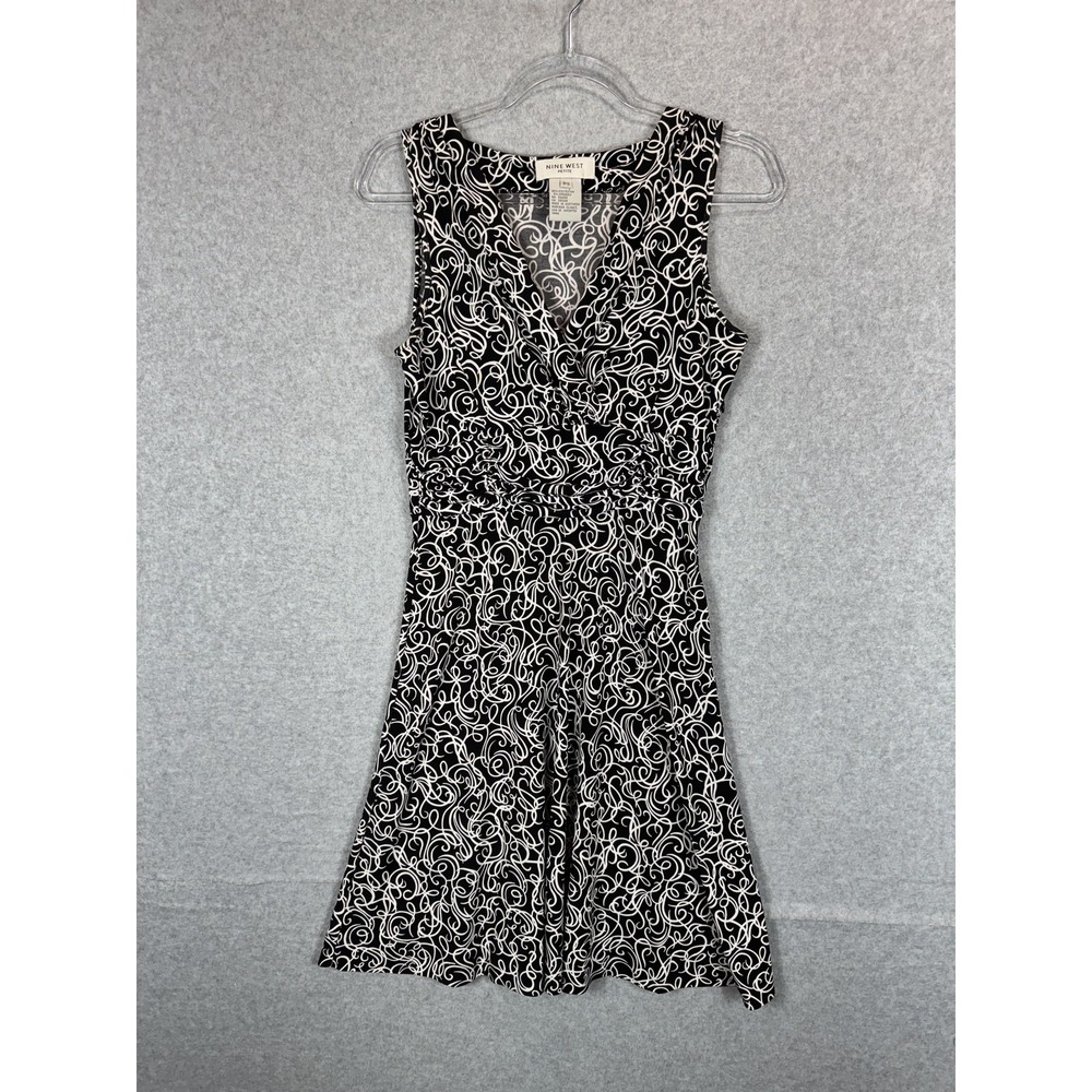 Nine West Dress Womens Petite Small‎ Black White Sleeveless Ruched Pockets Swirl